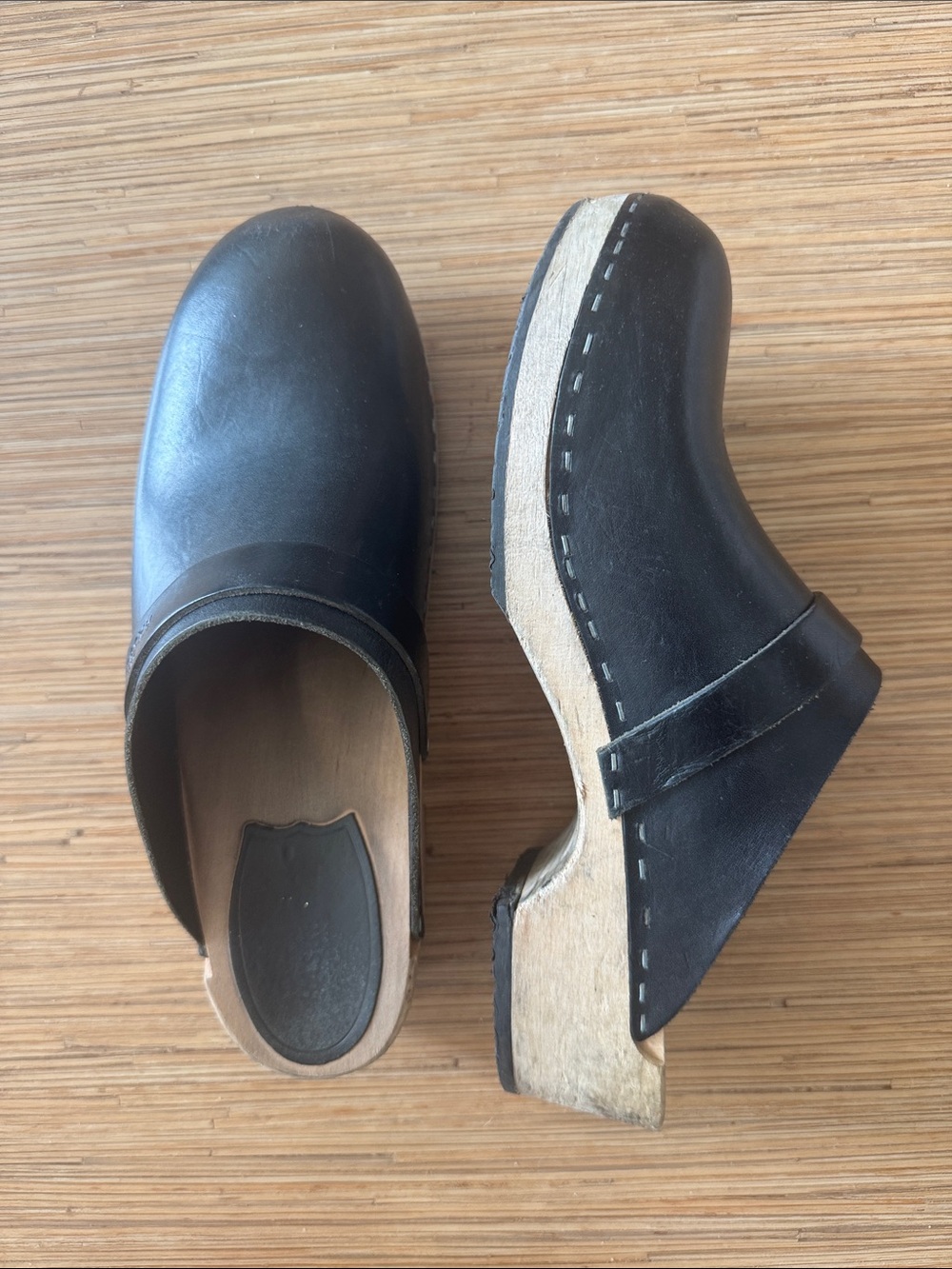 Black Swedish Hasbeens Clog with Wooden Sole